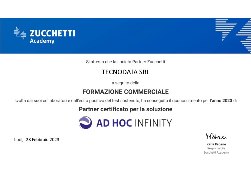 Tecnodata consegue la certificazione commerciale Infinity di Zucchetti utile per qualificarsi come TOP PARTNER ZUCCHETTI