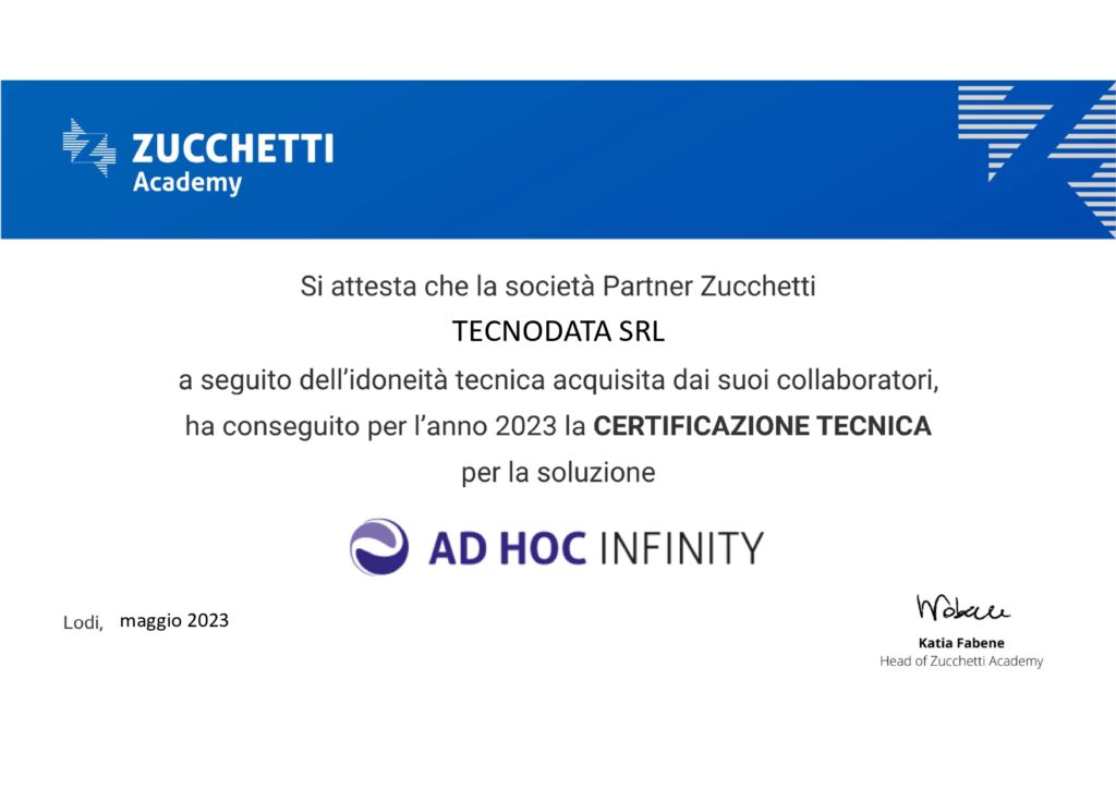 Tecnodata consegue la certificazione Tecnica Infinity di Zucchetti utile per qualificarsi come TOP PARTNER ZUCCHETTI