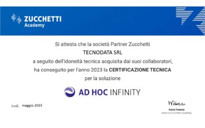 Tecnodata consegue la certificazione Tecnica Infinity di Zucchetti utile per qualificarsi come TOP PARTNER ZUCCHETTI