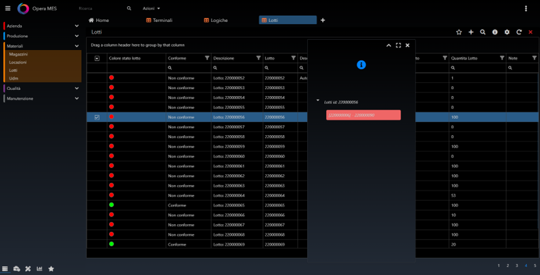 Tracciabilita Opera MES Dashboard Tracciabilità Materiali